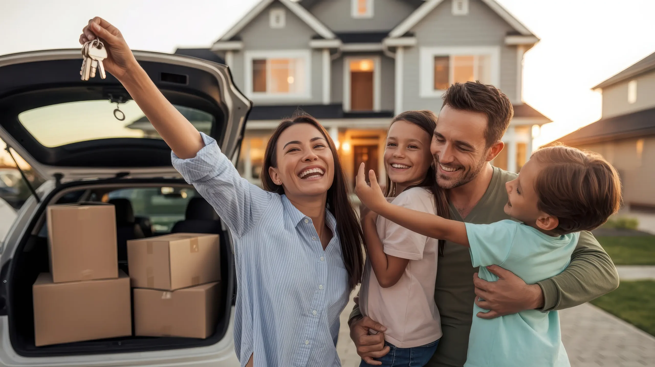 Smiling family holding up the keys to their new home